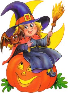 a little witch riding on top of a pumpkin