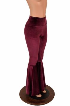 Burgundy Wine Velvet Bell Bottom Flares Leggings with High Waist & Stretchy Spandex Fit Maroon Cozy Cheap High Stretch Tops With Letter Print, Fitted Burgundy Pants For Party, Burgundy Fitted Pants For Parties, Fitted Burgundy Bottoms For Party, Burgundy Bottoms For Fall Party, Burgundy Party Bottoms For Fall, Fall Party Burgundy Bottoms, Stretch Burgundy Bottoms For Party, Stretch Burgundy Pants For Party