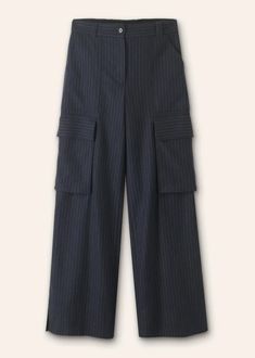 Pinstripe Relaxed Straight Cargo Pant Navy/Charcoal Vest Layering, Bracelet Sleeve, Combat Pants, Ankle Sleeve, Paneled Skirt, Maxi Shirts, Boyfriend Blazer, Printed Maxi Skirts, Maxi Shirt Dress