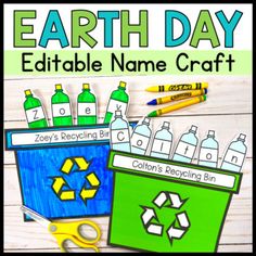 the earth day printable name craft is shown with scissors and pencils next to it