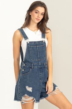 Distressed denim overall shorts Denim Overall Shorts, Denim Overalls Shorts, Denim Overalls, Back Patch, Light Denim, Cut Off Shorts, Overall Shorts, Distressed Denim, Casual Looks