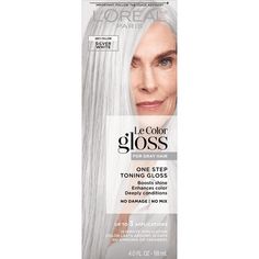 L'Oreal Paris Le Color Gloss, Silver White, Silver White, The secret to toning your Gray hair? New Le Color Gloss by L'OREAL. The first at-home gloss you use in the shower. Le Color Gloss tones and neutralizes brassiness in grey, silver, or white hair. No mixing, no mess, no damage, no commitment. People will wonder how you got such gorgeous, silver color. No animal derived ingredients or byproducts. At Home Hair Toner, Grey Hair Toner, Glossy Hair Color, White Hair Toner, Grey Hair Color Silver, Grey Hair Care, Silver White Hair, Grey Hair Dye, White Hair Color