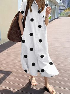 Polka Dot Pocket Lapel Short Sleeve Shirt Dress Collared Polka Dot Dresses With Buttons, Polka Dot Collared Dress With Buttons, Casual Polka Dot Short Sleeve Dress, Spring Polka Dot Collared Dresses, Spring Polka Dot Dress With Button Closure, Polka Dot Dress With Button Closure For Spring, Casual Polka Dot Button-up Dress, Polka Dot Button-up Spring Dresses, Casual Polka Dot Dress With Button Closure