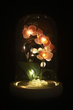 some flowers that are in a glass jar with lights on it's sides,