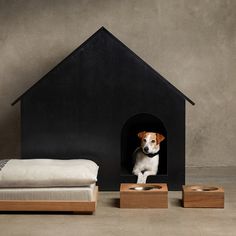 a dog is sitting in his house bed