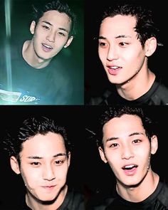 four different pictures of a young man with dark hair and black shirt smiling at the camera