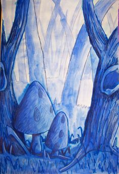 this is a drawing of two mushrooms in the woods with blue paint on paper and watercolor pencils