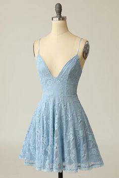 Spaghetti Straps Lace Blue Homecoming Dress Blue Evening Dresses Short, Homecoming Dresses V Neck, Short Blue Hoco Dresses, Homecoming Dresses Light Blue, Senior Events, Blue Homecoming Dress, Mini Homecoming Dress, Lovely Partner, Junior Prom