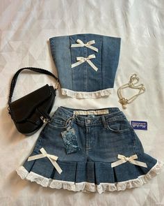 Sleeveless Tube Tops Mini Skirt Lace Hip Hip Skirt Cute Casual Suits Y2K New Denim Two Piece Womens Denim Two Piece, Harajuku Goth, Casual Suits, Hip Skirt, Tube Tops, Hip Hip, Blue Bow, Really Cute Outfits, Girly Outfits