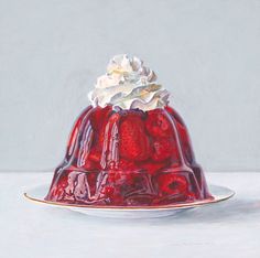 a painting of a cake on a plate with whipped cream and strawberries in it