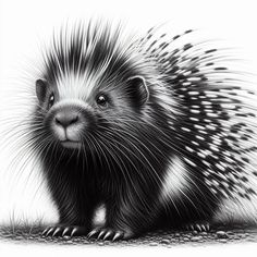 a porcupine is shown in black and white