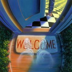 a person standing on top of a welcome sign in front of a checkered floor