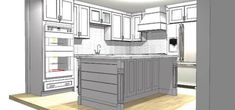 a drawing of a kitchen with white cabinets