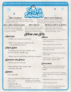 the menu for frosty the snowman