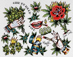 an assortment of tattoos with flowers and roses on them, including the words give it to me