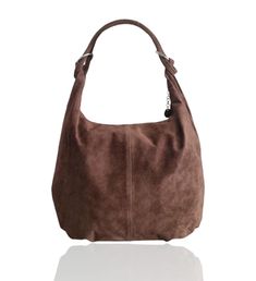 All you want to know about this bag: Top zipped and silver hardware. Outer Material: Genuine Suede/Genuine Leather Material: Genuine Suede The bag is fully lined inside. 1 zipped pocket and 1 phone pocket. A perfect bag for shopping and carrying daily essentials. W 44cm x H 34cm x  variable depth Suede Hobo Bag With Double Leather Handles, Brown Double Handle Suede Hobo Bag, Suede Hobo Bag With Removable Pouch And Double Handle, Large Capacity Brown Suede Bag, Taupe Office, Brown Suede-lined Hobo Bag For Everyday, Slouch Bag, Hobo Handbag, Suede Bag