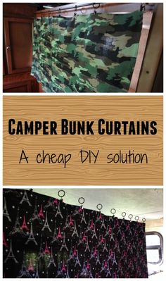 two photos with the words camper bunk curtains in different colors and patterns on them