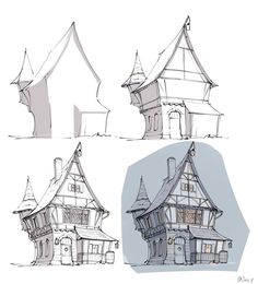 four different types of houses with windows and roof tops, all drawn in three different ways