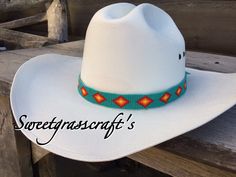 ALL ITEMS ARE MADE TO ORDER AND DONE IN ORDER OF PURCHASE  This is a eye catching turquoise green diamond hatband  Combining turquoise green opaque beads with red, yellow, orange seed beads set in a which will look great on any colour of hat This beaded cowboy hat band measures approx 21 1/4" inches long 7/8" inch wide, this is easily adjustable with turquoise suede ties in the back. I am First Nation, Plains Cree so you are buying authentic items made by myself in a smoke and pet free home Western Turquoise Beaded Hat Bands, Turquoise Beaded Western Hat, Blue Beaded Hat For Rodeo, White Beaded Hat Bands For Rodeo, White Beaded Hat Band For Rodeo, Traditional White Hat Bands For Rodeo, Artisan White Hat Bands For Western-themed Events, Traditional White Hat For Rodeo, Traditional White Rodeo Hat