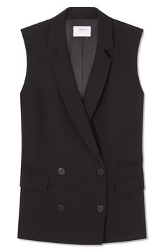 Classic blazer detailing brings timeless appeal to this double-breasted waistcoat that serves as a versatile cool-weather layering piece. Double-breasted button closure Notched lapels Front flap pockets; welt ticket pocket Lined 66% polyester, 29% viscose, 5% elastane Dry clean Imported Lapel Collar Vest For Office In Fall, Fall Lapel Collar Vest For Workwear, Business Casual Fall Vest With Lapel Collar, Classic Vest With Lapel Collar For Fall, Winter Workwear Vest With Lapel Collar, Sleeveless Business Outerwear With Button Closure, Fall Vest With Single Breasted Notch Lapel, Single Breasted Notch Lapel Vest For Fall, Fall Single Breasted Vest With Notch Lapel