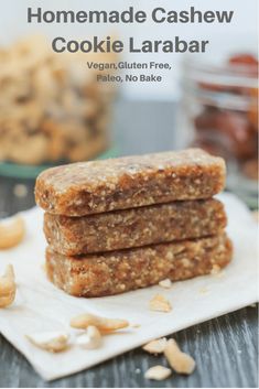 homemade cashew cookie larabar is stacked on top of each other with nuts