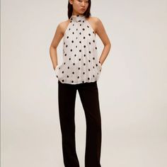 Flowy Fabric, Pleated Fabric, Polka-Dot Print, Halter Neck, Sleeveless, Bow Fastening On The Neck And Back Casual Halter Neck Top For Work, Casual Halter Neck Party Blouse, Polka Dot Sleeveless Top For Work, Sleeveless Polka Dot Top For Work, Elegant Sleeveless Polka Dot Top, Beach Looks, Sheer Floral Blouse, Black Sleeveless Blouse, Mango Tops