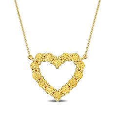 Bring romantic detail to all your favorite looks when you wear this delightful yellow citrine outline heart necklace in 10K gold. Crafted in warm 10K gold Golden yellow citrines line this classic open heart design. The style suspends centered along a cable chain that secures with a spring-ring clasp. 17.0-inch total length. Yellow Heart Pendant Jewelry For Anniversary, Yellow Heart Pendant Necklace For Valentine's Day, 14k Gold Heart-shaped Yellow Jewelry, Heart-shaped 14k Yellow Gold Jewelry, Yellow 14k Gold Heart Jewelry, Elegant Yellow Heart Pendant Necklace, Elegant Yellow Necklace For Valentine's Day, Yellow Jewelry With Heart Charm For Anniversary, Yellow Heart Charm Jewelry For Anniversary