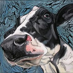 a painting of a black and white cow