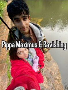 a man holding a baby in his arms next to a body of water with the words pippa maximus and ravishing on it