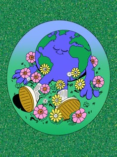 the earth is surrounded by flowers and buckets