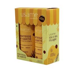 Kit Shampoo + Condicionador Usame Manteiga de Karité KIT USAME Manteiga de Karite. O poder da manteiga de karité Fórmula enriquecida com manteiga de karité e colágeno hidrolisado, este Kit combate o ressecamento e oferece hidratação profunda.  A manteiga nutre e revitaliza, e o colágeno, além de proporcionar elasticidade, cria uma película protetora ao redor da fibra capilar, defendendo os cabelos de agressões como sol, secador, chapinha e vento. O resultado são cabelos saudáveis, fortalecidos, brilhantes e sem frizz.  Benefícios: - Nutrição Profunda: - Brilho intenso e Maciez.  Shampoo – Modo de usar: Aplique uma pequena quantidade do Shampoo Manteiga de Karité nos cabelos úmidos, massageie suavemente e enxágue em seguida. Repita a operação, se necessário. Para melhores resultados utilize