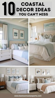 four pictures of different rooms with white furniture and blue walls, including a large bed