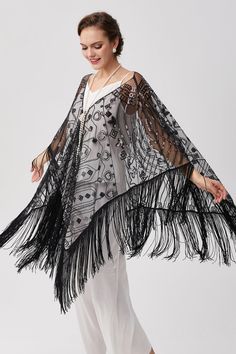 Elegant Sequin Party Shawl, Fringed Shawl For Party, Elegant Evening Shawl With Sequins, Glamorous Party Shawl, Beaded Shawl For Parties, Elegant Black Summer Shawl, Elegant Shawl For Summer Parties, Elegant Fringe Shawl For Wedding, Elegant Fringed Shawl For Wedding