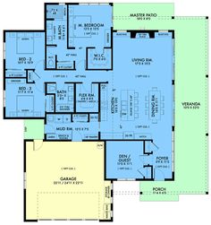 the first floor plan for a home with two master suites and an attached living area