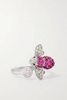 Symbolic of vivacity and good fortune, Sabbadini's signature 'Bee' motif is inspired by a brooch Alberto Sabbadini designed for his wife in the '80s. This ring has been expertly crafted in Italy from 18-karat white gold that's exquisitely set with an array of vivid pink sapphires and sparkling diamonds. It's sure to be a conversation starter. Luxury Ruby Jewelry With Pave Setting, Designer Jewelry With Pave Setting For Gift, Designer White Gold Gemstone Jewelry, Designer White Gold Jewelry With Gemstones, Designer Platinum Jewelry Gift, Designer Platinum Jewelry For Gift, Gold Sapphire Ring, White Sapphire Ring, White Gold Sapphire