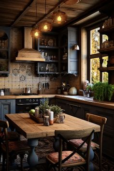 a kitchen with lots of wooden furniture and hanging lights above the counter top, along with potted plants