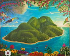 a painting of a woman laying on top of a green island