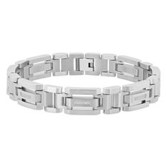 Stainless steel 1/6ctw diamond 8 5/8 inch bracelet. Timeless Round Stainless Steel Bracelet, Modern Tarnish Resistant White Gold Bracelet, Classic Stainless Steel Chain Bracelet, Timeless Stainless Steel Bracelets For Anniversary, Tarnish Resistant White Gold Stainless Steel Bracelets, White Gold Jewelry With Stainless Steel Rectangular Links, Timeless Stainless Steel Jewelry With Solid Link Construction, Classic Bracelet With Stainless Steel Clasp, Formal Stainless Steel Engraved Bracelets