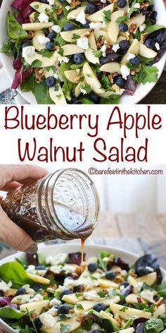 blueberry apple walnut salad in a bowl with dressing being drizzled on top