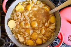 the food is being cooked in the pot on the stove