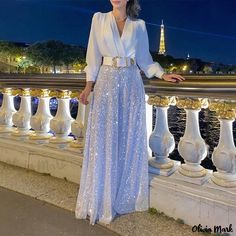 Olivia Mark - Long-Sleeve Shirt Dress with V-Neck, Waist Cinching Elegance, and Wide-Leg Pants Embellished with Sequins Bodycon Dresses Casual, Sequin Maxi, Sequin Maxi Dress, Elegant Shirt, Lace Ruffle, Maxi Dress Party, Long Sleeve Shirt Dress, Wide Leg Jumpsuit, Elegant Dress