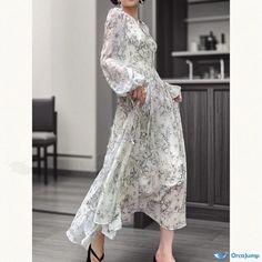 Orcajump - Vintage Floral Print Chiffon Dress with Waist Tie and Flared Hemline Chiffon Midi Dress With Long Sleeves For Daywear, Chiffon Long Sleeve Midi Dress For Daywear, Spring Floral Print Long Sleeve Chiffon Dress, Casual Flowy Chiffon Dress With Long Sleeves, Casual Flowy Chiffon Long Sleeve Dress, Flowy Long Sleeve Chiffon Dress Casual, Long Sleeve Chiffon Dress For Spring Garden Party, Flowy Long Sleeve Chiffon Dress For Daywear, Spring Long Sleeve Chiffon Dress For Daywear