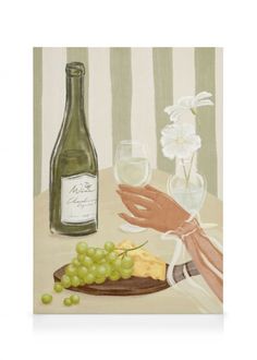 a painting of wine and cheese on a table next to a vase with white flowers