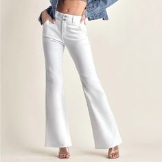 Brand New High Waisted Risen Jeans With Stretch. On Trend Flare Leg, Wide, Double Button Waist. Size 31/11 White Buttoned Bottoms For Fall, Elegant Bottoms With Snap Buttons For Spring, White Fall Bottoms With Buttons, Chic Fitted Bottoms With Snap Buttons, White Bottoms With Snap Buttons For Spring, Fitted Bottoms With Buttons For Spring, White Snap Button Bottoms For Spring, Spring White Bottoms With Snap Buttons, Spring Bottoms With Buttons