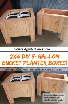 two diy 5 gallon bucket planter boxes are shown with instructions for how to build them