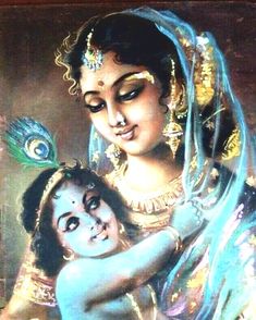 a painting of a woman holding a child with blue hair and makeup on her face