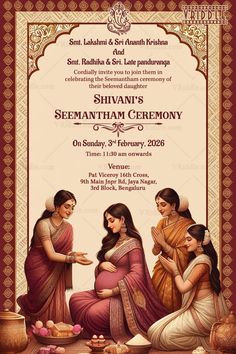 Seemantham Ceremony Invitation Card with Traditional Elements and Family Illustration – SeeMyMarriage Sreemantham Invitation Card, Sreemantham Invitation, Seemantham Invitation Card, Indian Baby Shower Invitations, Illustrations Of Women, Ceremony Invitation Card, Birthday Banner Background Hd, Bangle Ceremony, Indian Baby Showers