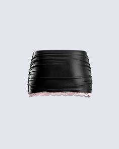 A sweet rebellion 😊 Turning heads, and breaking hearts is a given in this black vegan leather skirt. Complete with satin bow detailing, tiny bow trim, ruched details, and a scallop lace trim 💕🖤 Chic Party Mini Skirt With Lace Trim, Feminine Party Mini Skirt With Lace Trim, Feminine Lace Trim Mini Skirt For Party, Fitted Mini Skirt With Lace Trim For Party, Fitted Lace Trim Mini Skirt For Party, Black Fitted Satin Mini Skirt, Fitted Black Satin Mini Skirt, Lace Trim Mini Skirt For Night Out, Black Lace Trim Skirt For Night Out