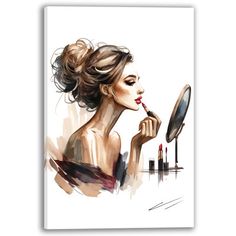 a watercolor painting of a woman looking in a mirror with lipstick on her lips