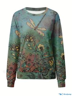 Orcajump - Dragonfly & Floral Print Sweatshirt, Casual Long Sleeve Crew Neck Sweatshirt, Women's Clothing Multicolor Printed Crew Neck Sweater, Printed Green Tops For Winter, Fall Long Sleeve Printed Sweatshirt, Green Long Sleeve Tops With All Over Print, Printed Crew Neck Casual Sweatshirt, Casual Printed Crew Neck Sweatshirt, Casual Crew Neck Sweatshirt With All Over Print, Casual Winter Tops With All Over Print, Crew Neck Sweatshirt Women